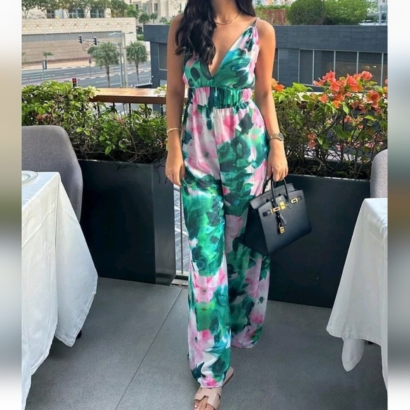 Zara Floral Wide Leg Jumpsuit Watercolor NEW - Picture 5 of 6